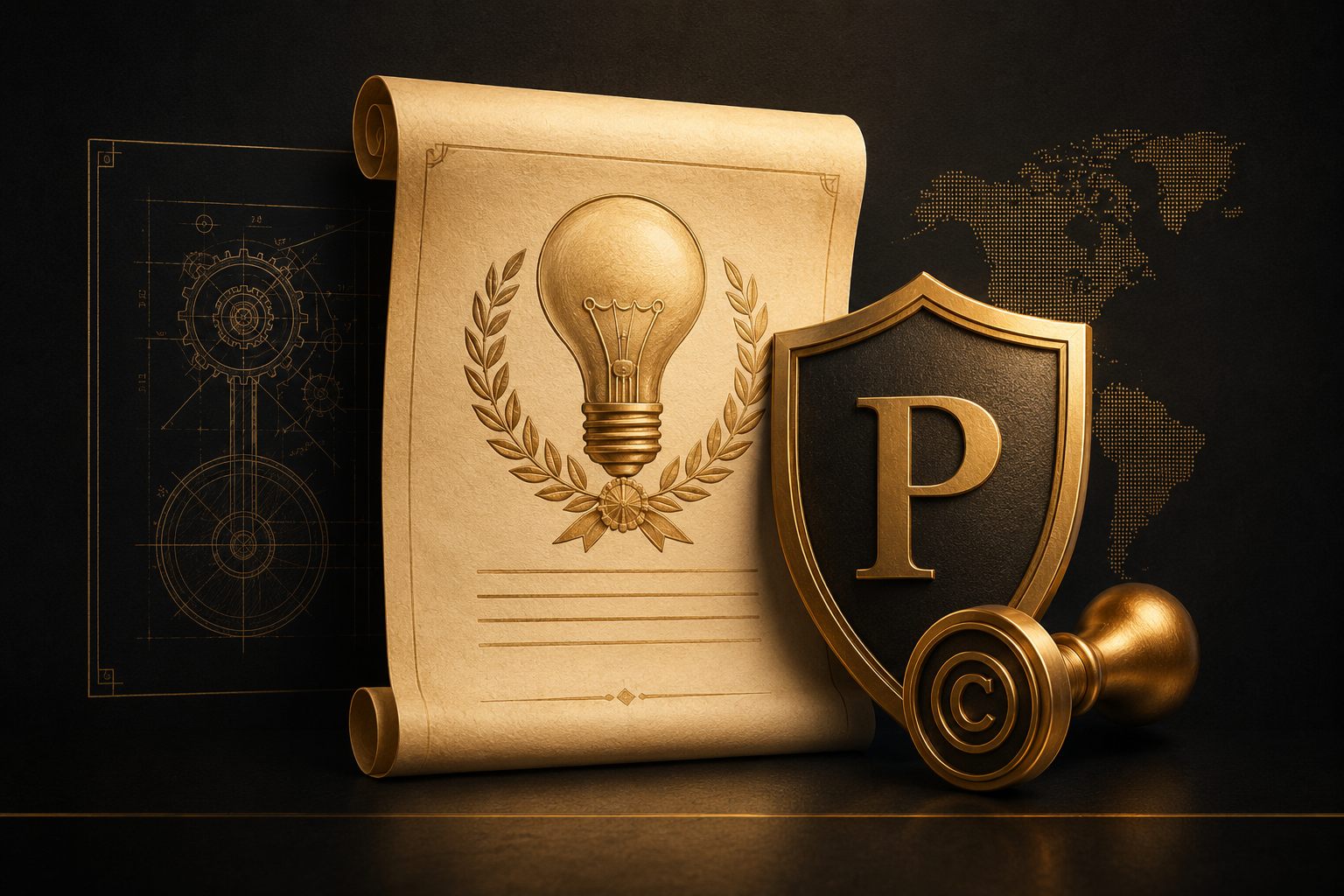 Propriedade Intelectual — pergaminho com lâmpada e escudo dourado