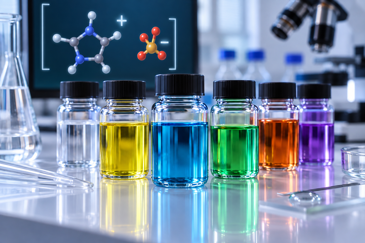 Frascos com líquidos iônicos coloridos em laboratório
