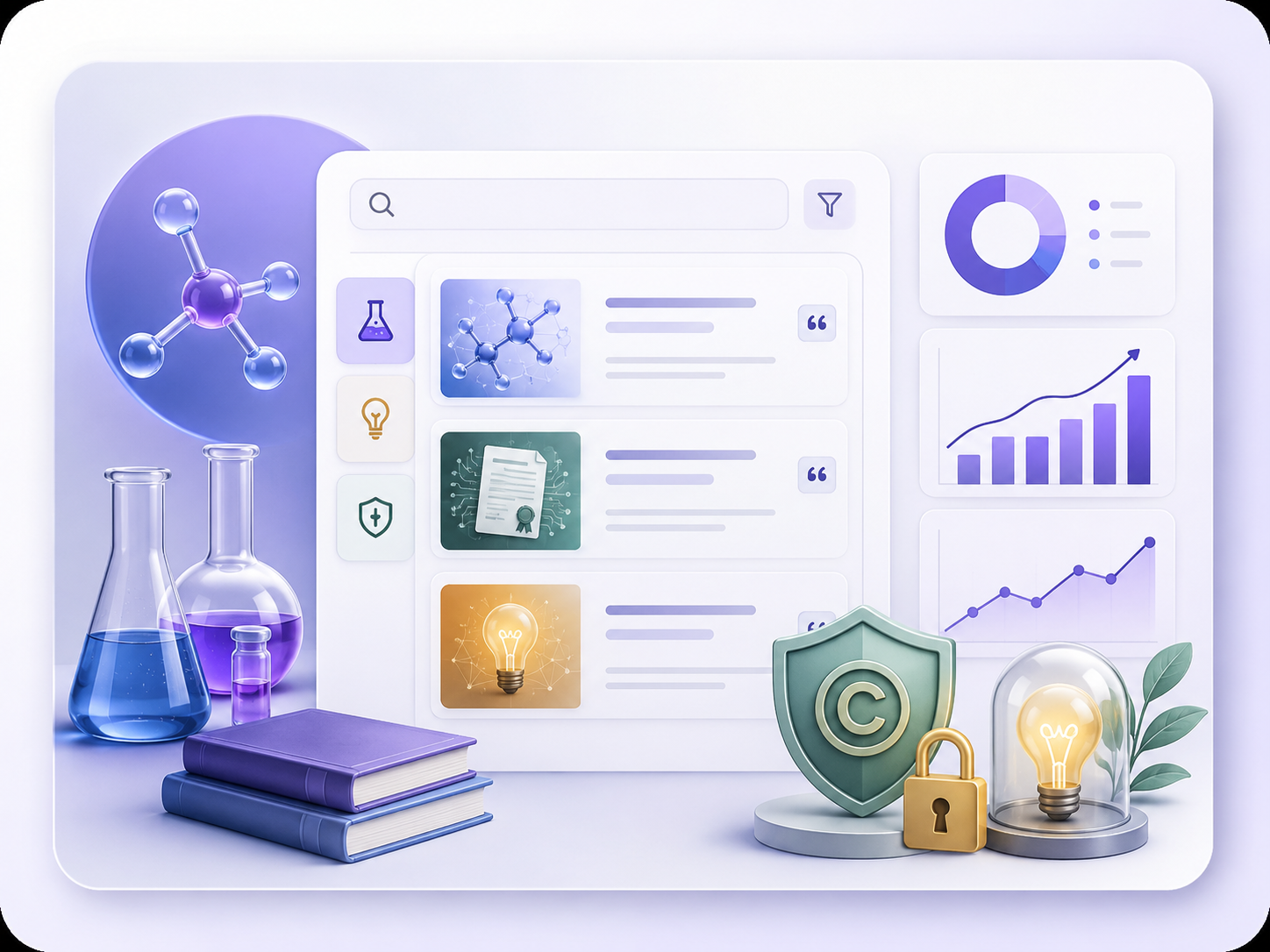 Ilustração da produção científica do Prof. Marcelo Gomes Speziali — química, propriedade intelectual e inovação