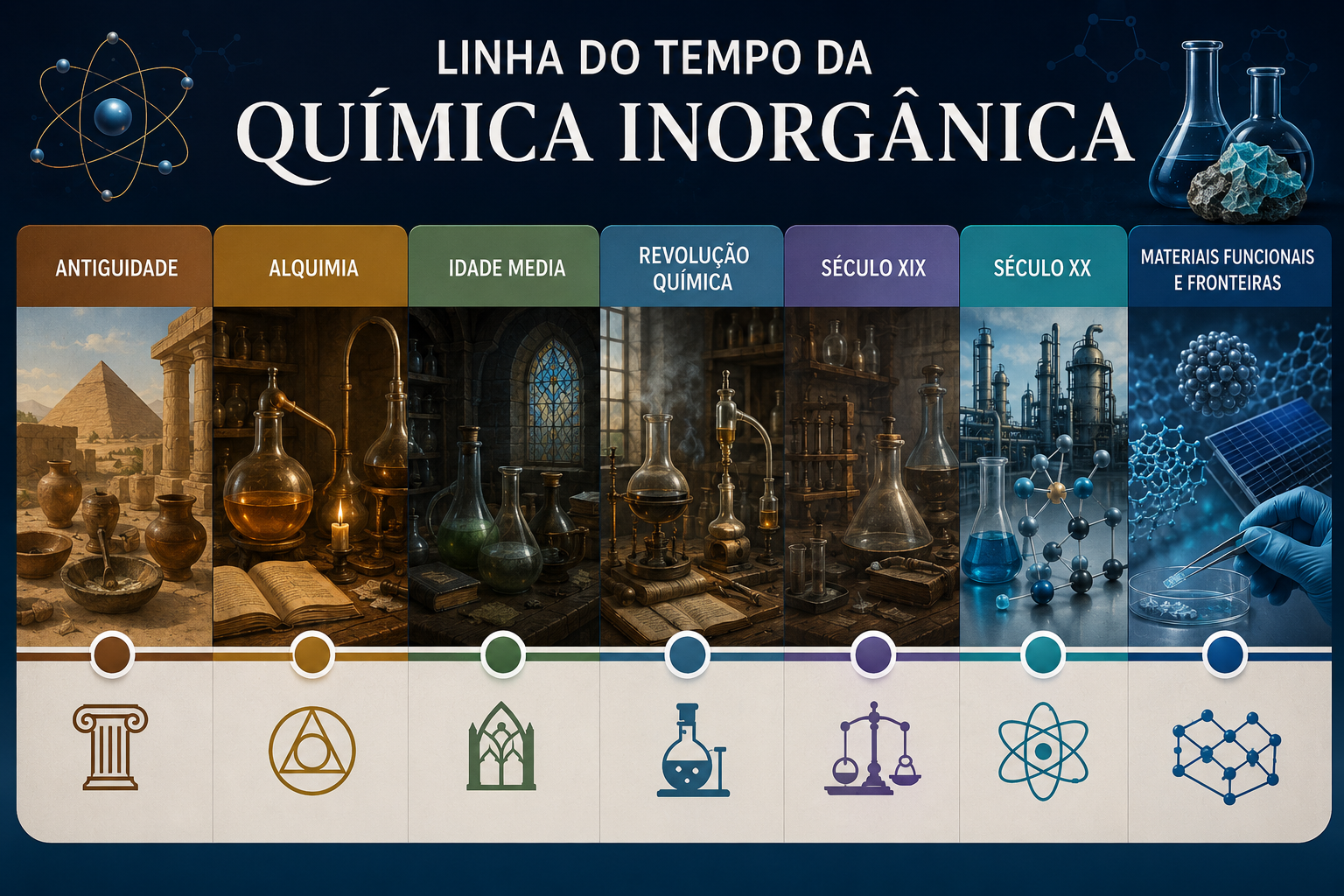 Linha do Tempo da Química Inorgânica — Antiguidade, Alquimia, Idade Média, Revolução Química, Século XIX, Século XX e Materiais Funcionais