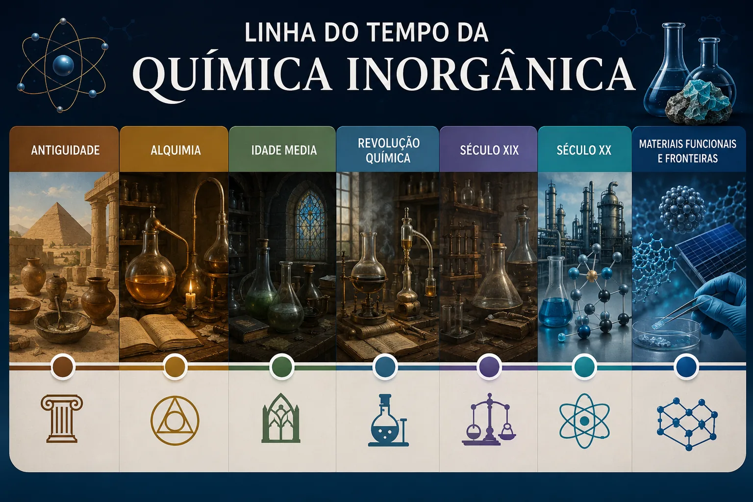 Linha do Tempo da Química Inorgânica — Antiguidade, Alquimia, Idade Média, Revolução Química, Século XIX, Século XX e Materiais Funcionais